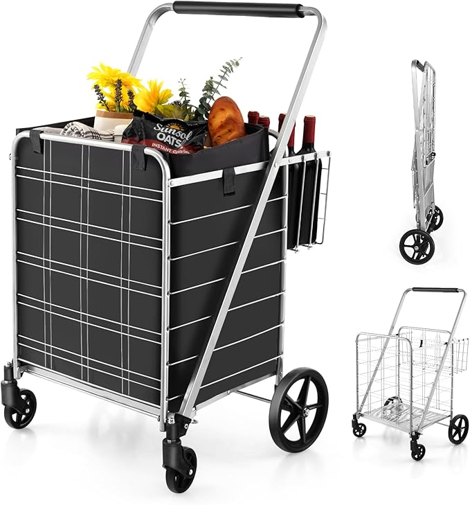 Goplus Shopping Cart for Groceries, Jumbo Upgraded Folding Grocery Cart with Waterproof Liner, 330 LBS Weight Capacity, 360° Swivel Wheels, 33 Gal Double Basket, Heavy Duty Foldable Utility Cart