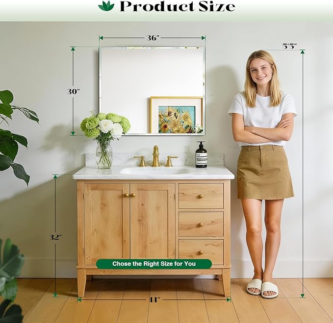 Beveled Bathroom Mirror, 30"x36" Frameless Bathroom Mirror, Bathroom Vanity Wall Mirrors for Gym, Over Sink, Living Room Hangs Horizontally or Vertically