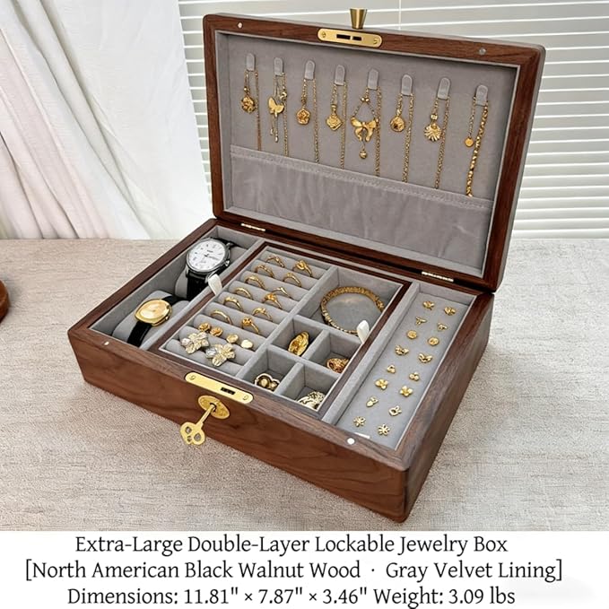 Bescott 2 Layer Solid Black Walnut Wooden Jewelry Box with Lock and Key for Women Wood Vintage Organizer for Men Earrings Rings Necklaces Bracelet Watch Storage Mother's Day Gift