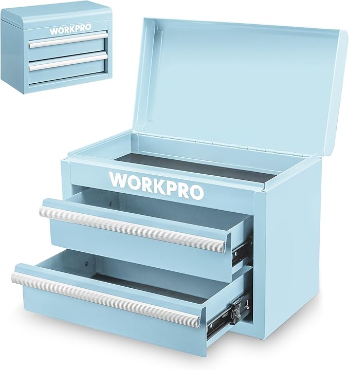 WORKPRO Metal Mini Tool Box, Top Tool Chest Containing Two Drawers with Ball Bearing Slides, PVC Drawer Liners and PP Feet Pads, Durable Cold Rolled Steel Small Toolbox for Multi-Purpose Storage