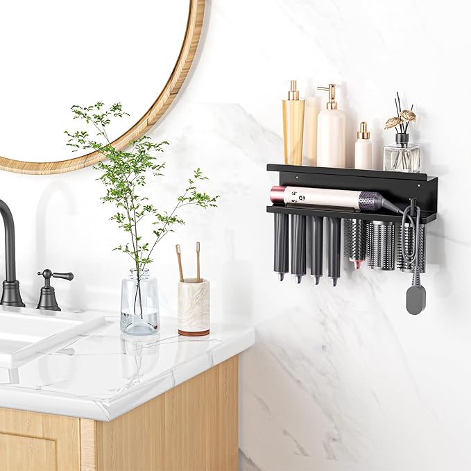 Hair Dryer Holder Wall Mounted, Straighteners Holder Adhesive, Metals Curling Iron Holders Accessories Storage, Hair Tool Organizer for Cabinet Bathroom Bedroom Barber Shops (Black)