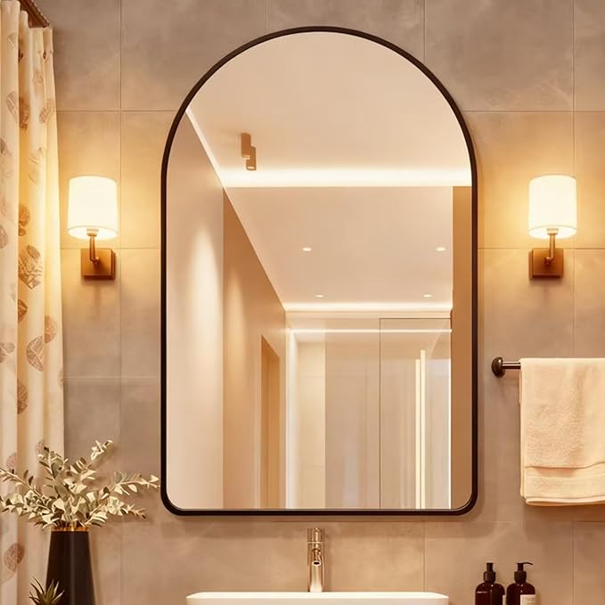 24x36 Inch Premium Black Arched Tempered Glass Mirror Shatter Resistant No Distortion Luxe Brushed Metal Frame Arch Mirror for Bathroom Vanity Modern Wall Decor