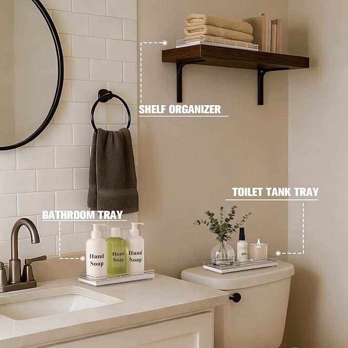 Bathroom Vanity Tray – 12" x 6" Oak Decorative Wooden Tray for Toilet Tank Organizer Wood Tray for Bathroom Countertop, Soap, Perfume & Accessories Storage, Vanity Dresser Decor, Sliver & White