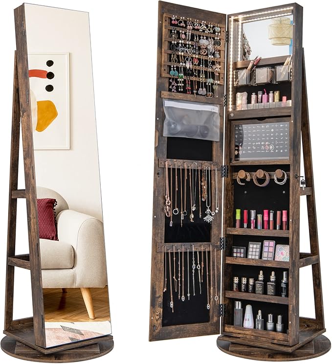 GOFLAME 360° Rotating Jewelry Cabinet with Full-Length Mirror, Standing Jewelry Armoire with 3-Color LED Light and Back Storage Shelf, Lockable Jewelry Organizer for Bedroom Cloakroom, Rustic Brown