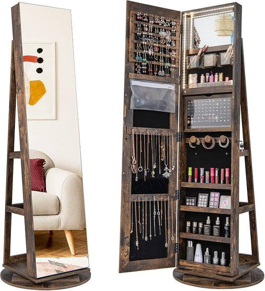 GOFLAME 360° Rotating Jewelry Cabinet with Full-Length Mirror, Standing Jewelry Armoire with 3-Color LED Light and Back Storage Shelf, Lockable Jewelry Organizer for Bedroom Cloakroom, Rustic Brown