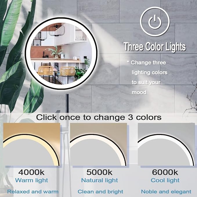 16 Inch Black Bathroom LED Mirror with Light, Black Frame, AntiFog, 3 Color, Wall Mounted Circle Lighted Mirror