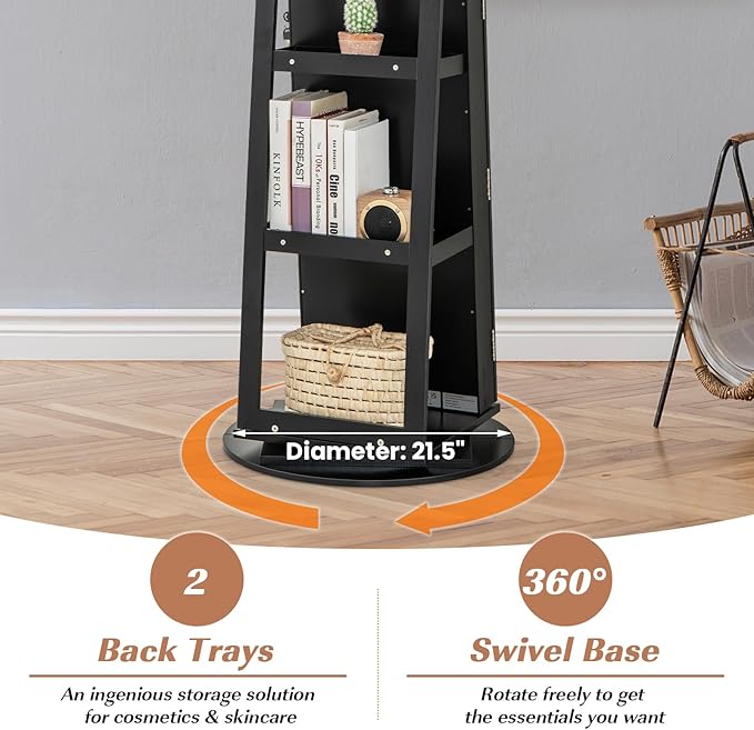 GOFLAME 360° Rotating Jewelry Cabinet with Full-Length Mirror, Standing Jewelry Armoire with 3-Color LED Light and Back Storage Shelf, Lockable Jewelry Organizer for Bedroom Cloakroom, Black