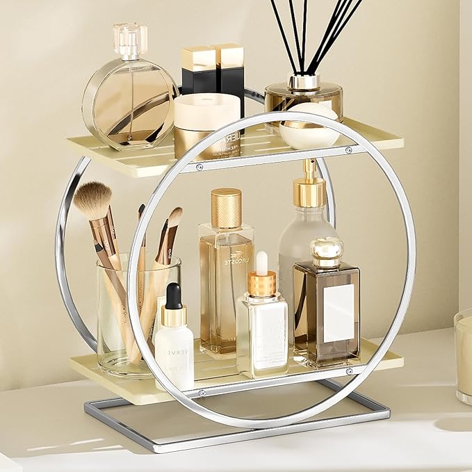 Perfume Organizer for Dresser, 2-Tier Bathroom Counter Organizer, Elegant Makeup Organizer for Vanity, Multi-Purpose Cosmetics Skincare Organizers Countertop (Silver Frame & Cream White Tray)