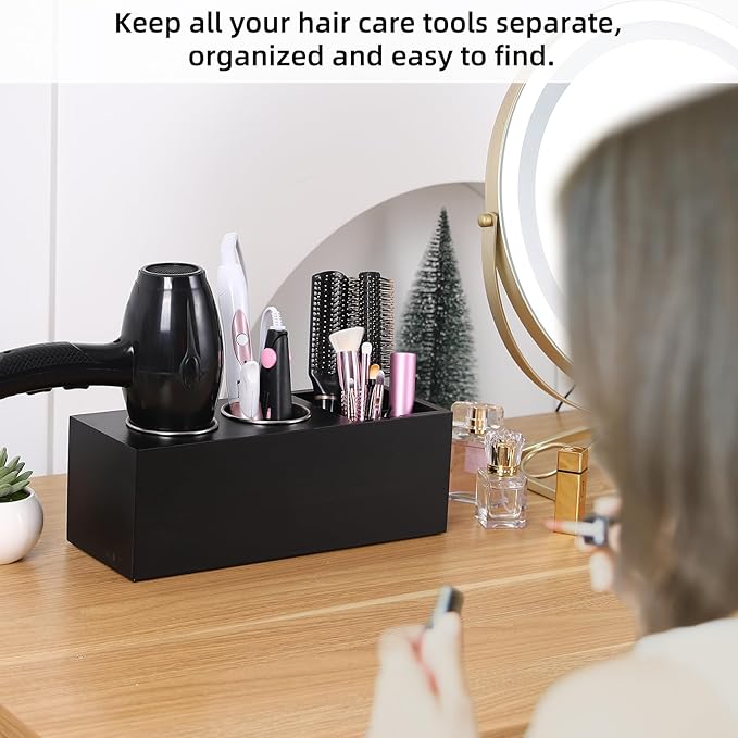 Hair Dryer Countertop Holder, Hair Tool Organizer Wall Mount, Blow Dryer Holder Organizer, Bathroom Countertop Blow Dryer Holder and Curling Iron Holder (Cedar Wood, Black)