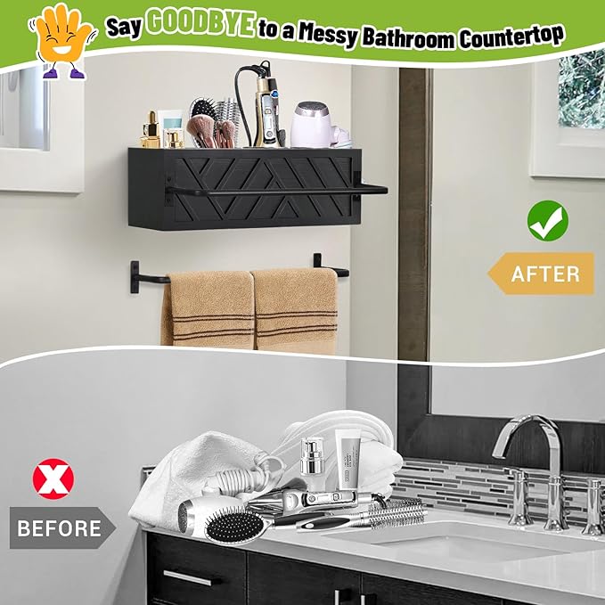 Hair Tool Organizer Wall Mount, Hair Dryer Holder with 2 Towel Bars, Wood Hot Tools Organizer, Rustic Bathroom Organizer Blow Dryer Holder for Bathroom Decor, Flat Iron, Curling Wand, Brushes(Black)