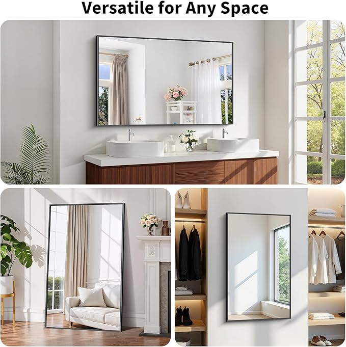 Koonmi Black Framed Bathroom Mirror - Shatterproof 30"x50" Tempered Glass, HD No Distortion, Horizontal/Vertical Mount, Modern Matte Aluminum Alloy Frame
