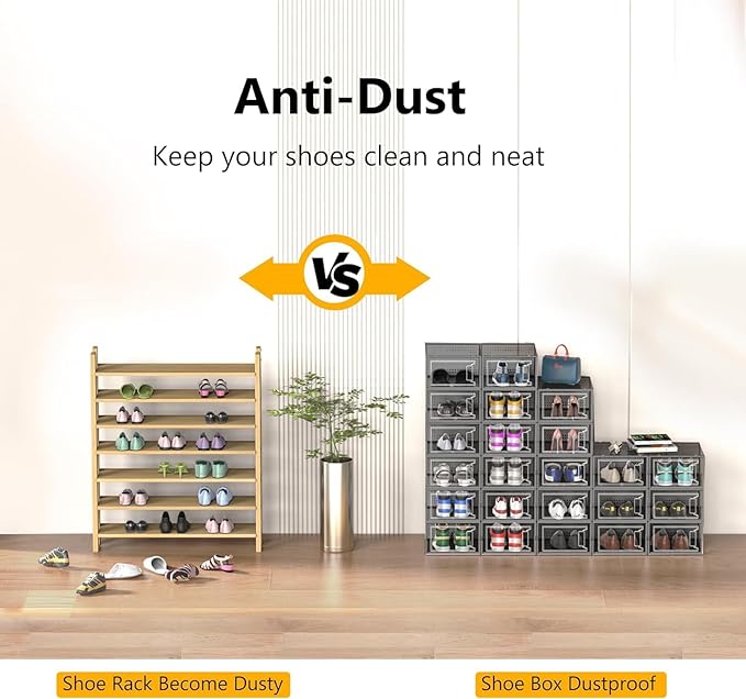 12 Pack XX Large Shoe Organizer Storage Boxes for Closet, Modular Space Saving Shoe Boxes Clear Plastic Stackable Sneaker Containers Display Case with Lids, Black