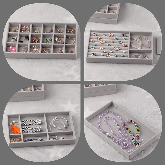 Jewelry Trays,Grey Velvet Stackable Organizer Trays,Drawer Inserts Jewelry Display Case For Rings Stud Necklaces Earring Organizer Tray for Women Girls-8 Pack