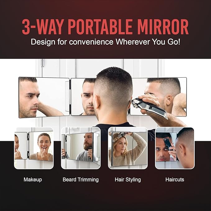 Self-Cut System 3 Way Barber Mirror with Height Adjustable Hooks, 360 Trifold Self Cut Mirror for Haircuts for Men and Women, Travel-Friendly, Three-Way Design for Easy Grooming & Styling