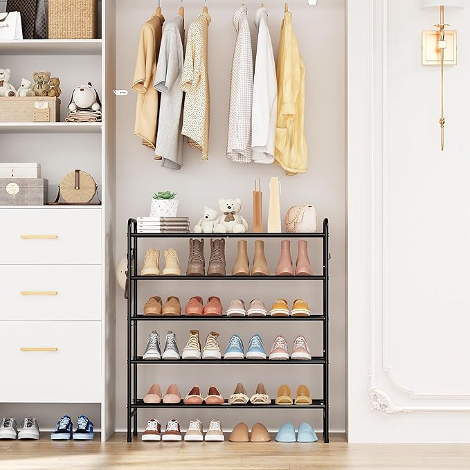 5 Tier Shoe Rack 33" Wide Metal Shoe Organizer Long Shoe Storage with 4 Side Hooks Sturdy Shoes Shelf for Closet, Front Door Entrance, Garage, Dorm, Black