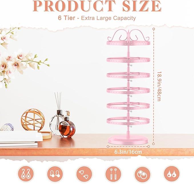 iDavosic.ly 6 Tier Metal Rotating Earring Holder Organizer, 264 Holes Large Stud Storage Display Stands Tree Rack, Adjustable Pierced Hoop Dangle Tower for Women, Pink