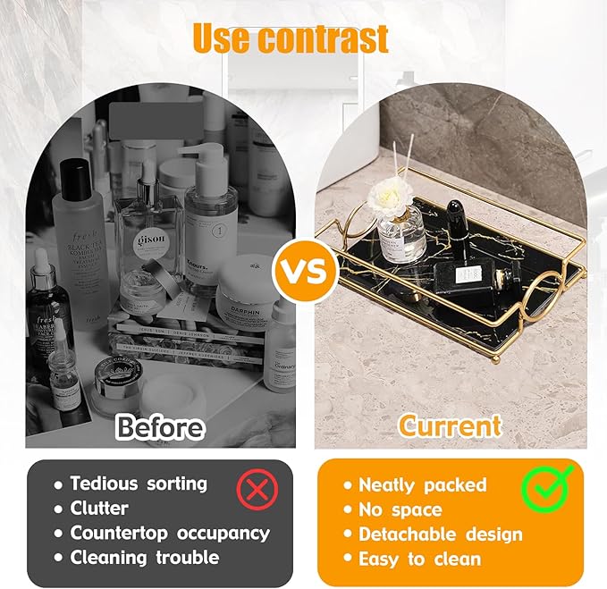 Vanity Bathroom Counter Tray Gold Glass Perfume Organizer Holder Cosmetics Makeup Skincare Display Decorative Vanity Trays Storage Rack for Bathroom Dresser Bedroom (1 Tier Black Gold-Small)