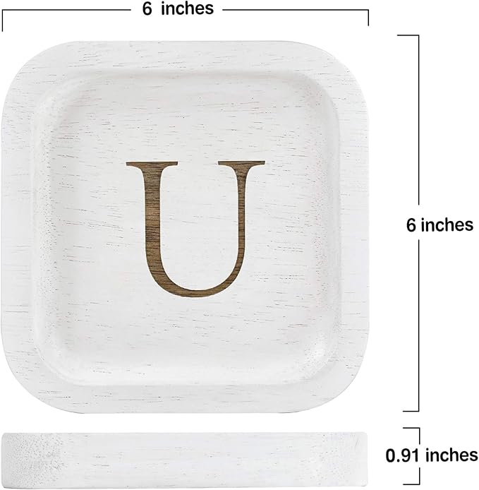 I'm Wooden Personalized Letter Catchall Valet Tray Trinket Dish Jewelry Tray Key Bowl Decorative Plate Organizing Ring Earrings Necklaces Bracelet Watch Coins Wallet Holder (6"x6" Sq White U)