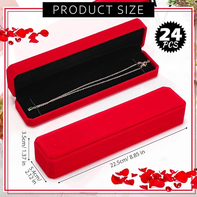 Batiyeer 24 Pcs Velvet Bracelet Box Bulk Jewelry Chain Necklace Box Bracelet Storage Case Long Jewelry Case for Valentine Wedding Pendant Display, 8.86 x 2.13 x 1.38 Inch(Red)