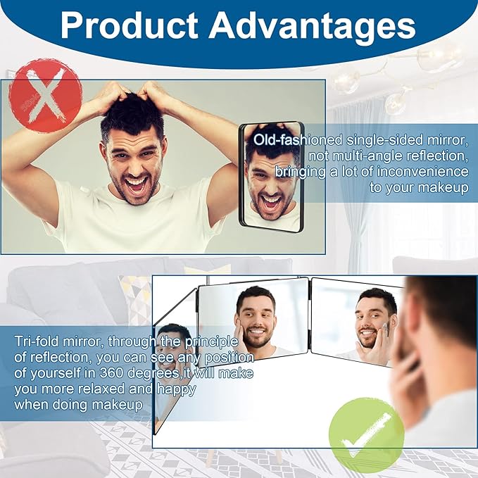 with LED Lights 3 Way Mirror for Self Hair Cutting,360 Haircuts Mirror Men for Barber Use Tools,to See Back of Head,Tri Fold with Portable Height Adjustable Telescoping Hooks