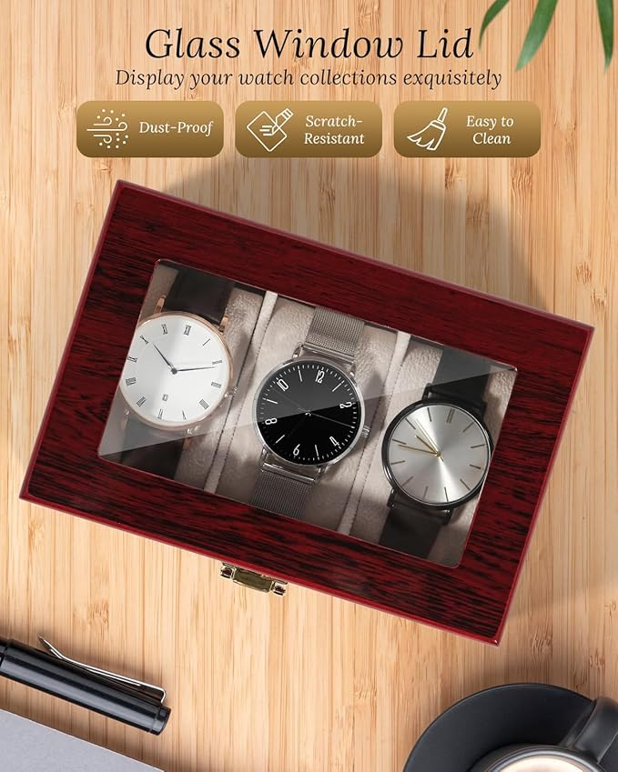 Uten 3 Slots Watch Box Storage Case Organizer Jewellery Display Wooden for Men Women