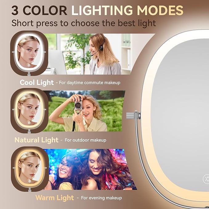 9″ Makeup Mirror with Lights, 7X Magnification, Height Adjustable Vanity Mirror, Rechargeable 3 Color Lighting Mode, 360° Swivel Double Sided Magnifying Mirror, Chrome, Gift for Women
