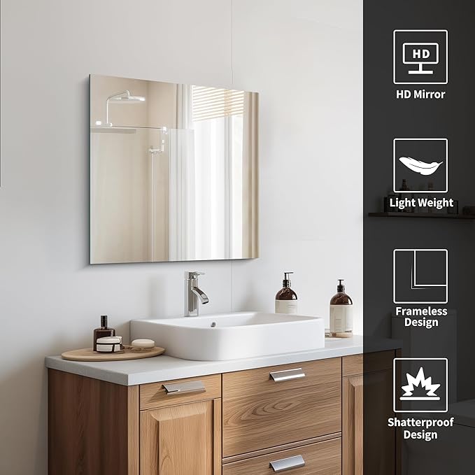 CILIBER Frameless Mirror, 24x24 inch Square Bathroom Mirrors for Wall, Upgraded Shatterproof Vanity Mirror Over Sink with Polished Edge for Bathroom,Bedroom,Living Room and Entryway