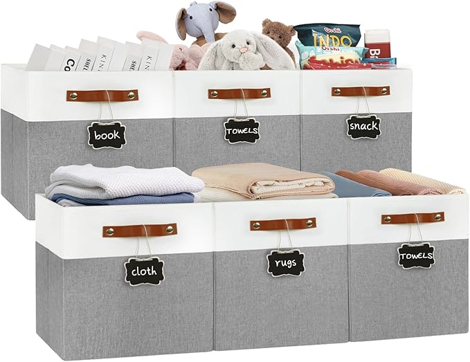 13x13 Storage Cubes 6-Pack, Large Foldable Fabric Cube Storage Bin with Reinforced Bottom and Labels, Organizer Baskets for Shelves, Closets(White/Gray)