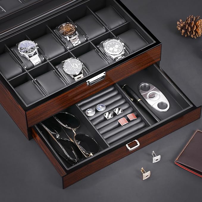 BEWISHOME High-End Watch Box, 12-Slot Watch Case with Large Glass Lid, 2-Layer Wooden Watch Box for Men, Watch Organizer Watch Storage Holder for Men Brown SSH02Y