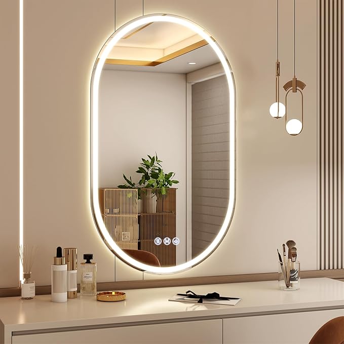 BEAUTYPEAK 40x24 LED Oval Bathroom Mirror with Lights, Anti-Fog, Dimmable, Backlit + Front Lit, Lighted Bathroom Vanity Mirror for Wall, 3 Colors, Memory Function, Tempered Glass, Shatter-Proof