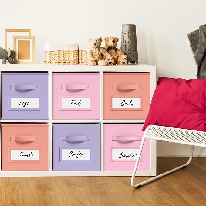 10 Pcs Fabric Storage Cubes with Labels 11 Inch Collapsible Cube Organizer Baskets with Window Cards for Shelf Nursery Clothes Book Toys Storage Bin(Gentle Pink Purple)