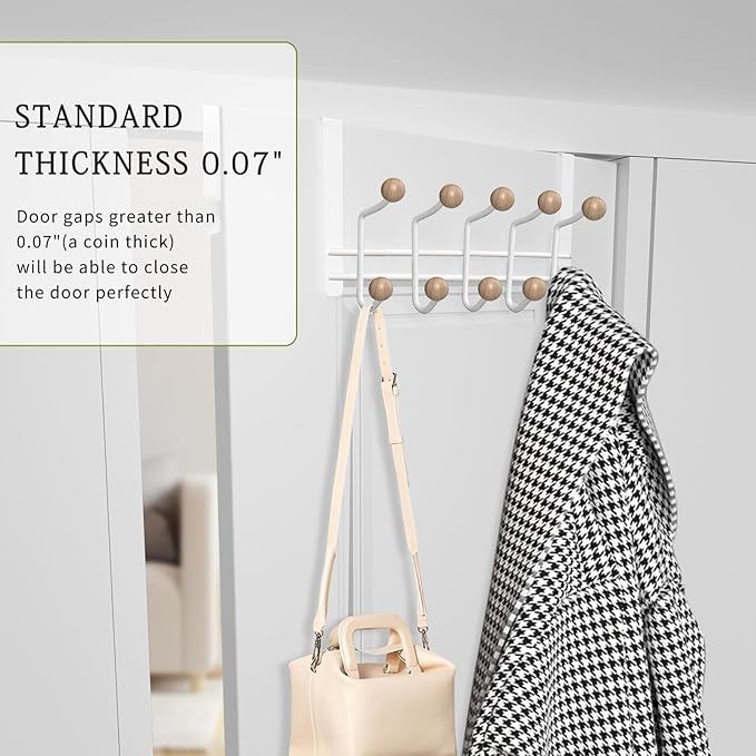 2 Pack Over The Door Hooks(7.1" H) with 10 Wooden Knobs, Over Door Hanger, Heavy Duty No Drill Hanger for Towels, Coats, Hats, Bags in Bathroom, Bedroom, Kitchen, Living Room