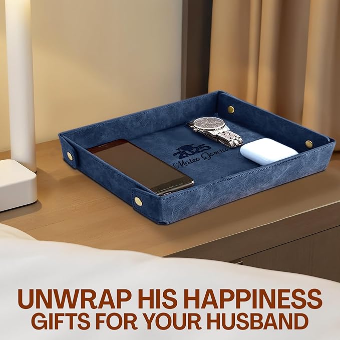 Engraved PU Leather Valet Tray – Personalized Catchall with Custom Name for Desk, Dresser, or Nightstand – Compact Organizer for Keys, Wallet, Jewelry – Graduation Gift for Him or Her – Blue
