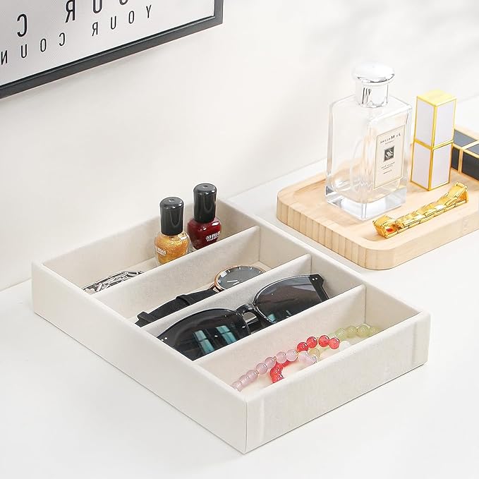 Byken 2 Pcs Sunglasses Organizer,4 Grid Eyeglass Jewelry Storage Tray for Drawer,Beige White