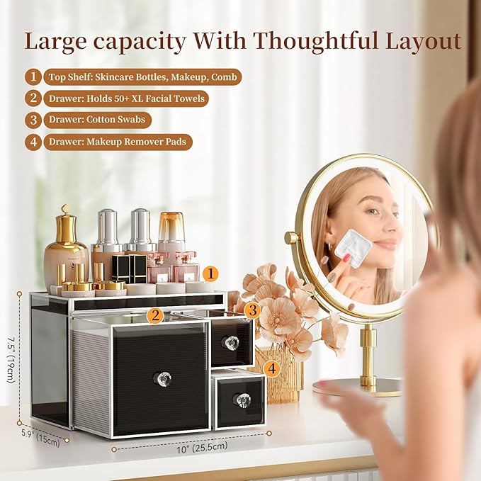 Multifunctional Face Towel Holder with 3 Drawers – Tempered Glass Cotton Pad & Swab Organizer – Disposable Face Towel Holder for Bathroom Vanity