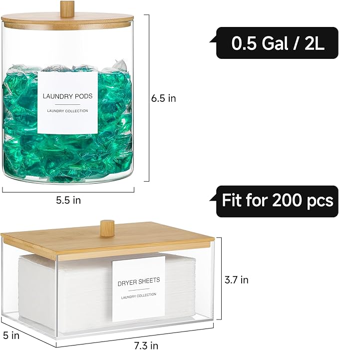 3 Pack Glass Jars and Acrylic Dryer Sheet Holder, Laundry Pods Container with Bamboo Lid and Measuring Cups for Laundry Room Organization, Powder Detergent Containers