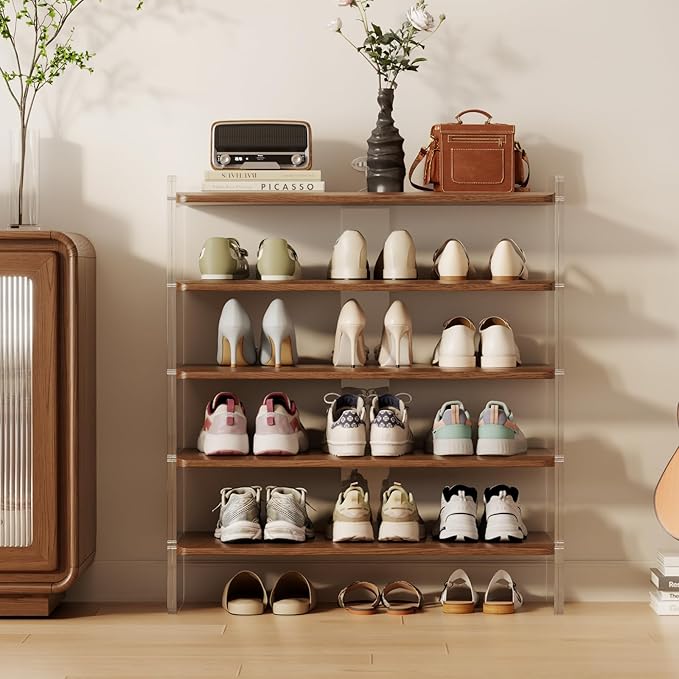 Free Standing Shoe Rack, Closet Shoe Storage Shelves for Entryway Small Space, Garage & Living Room, Wooden Shoe Stand, 5-Tier Modern Shoe Organizer, Solid Wood & Acrylic Frame with Top Shelf