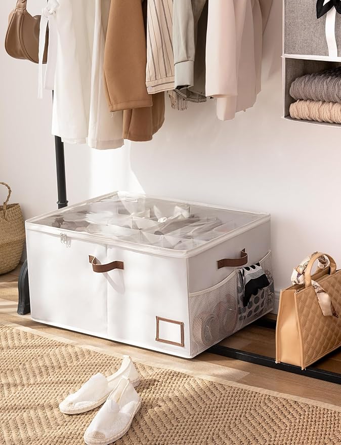 StorageWorks Shoe Organizer for Closet, Fits up to 20 Pairs, Shoe Cubby Storage Containers with Side Mesh Pocket and Clear Cover, Beige