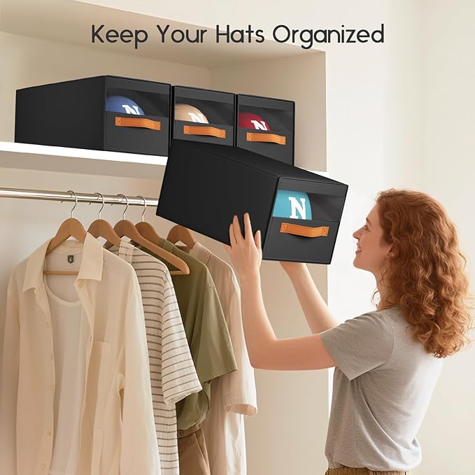 Hat Organizer for Baseball Caps - 3 Pack Pull-Out Drawer Hat Storage Organizer Box with Clear Window, Stackable Closet Cap Holder, Baseball Cap Organizer for Closet, Bedroom, Home, Black