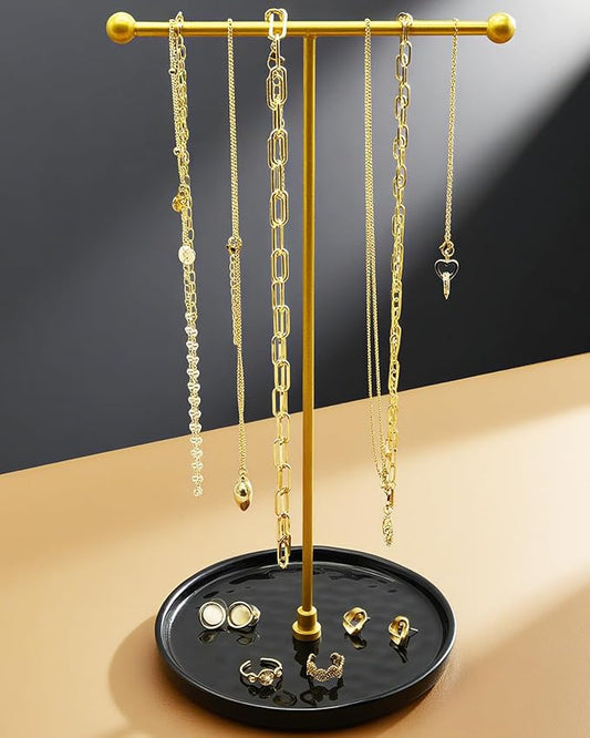 VROOMIUM Necklace Holder Stand - 6in Ceramic Base X 1ft Height, Aesthetic Decor for Bedroom, Jewelry Organizer for Necklace, Bracelets, Rings, Exhibidor de Collares- Mysterious Black