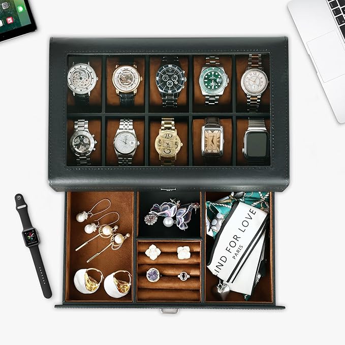 Leather Watch Box with Drawer-10 Slots Locking Jewelry Watches Holder for Men-Luxury Watch Case Display Organizer-2 Tier Organizer Watch Showcase-Storage Case