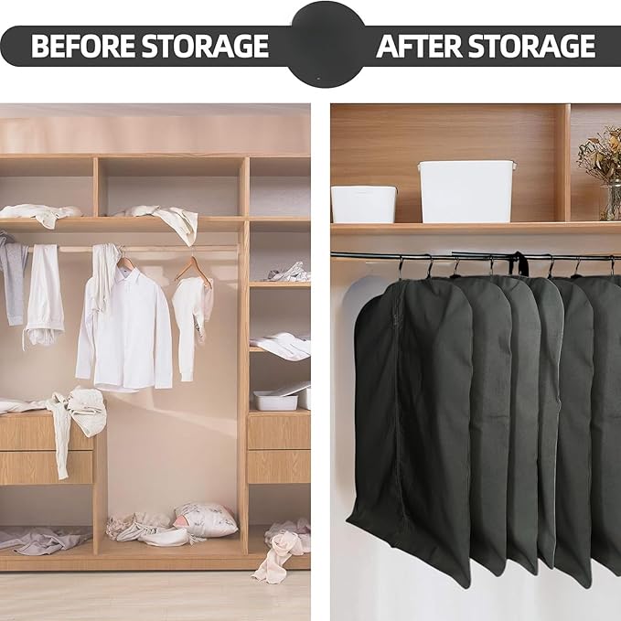 Garment Bag for Hanging Clothes – Organic Cotton Suit & Coat Cover with Zipper | Breathable Closet Organizer for Travel & Storage (Large (24"x48"), Black)