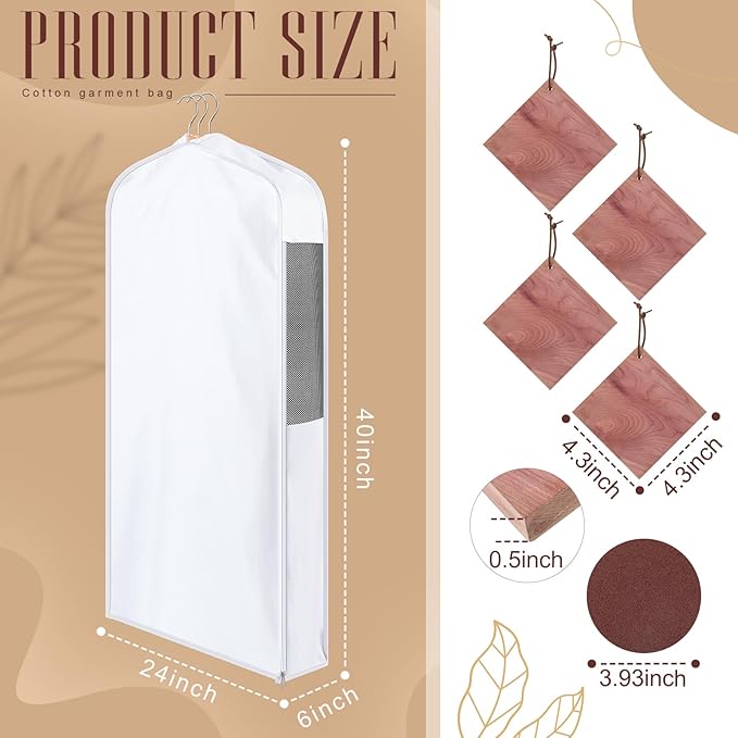Cotton Garment Bag for Hanging Clothes and Storage with Cedar Blocks for Fresh Smell and Moth Protection Sandpaper for Suit Fur Coat Jacket Sweater(40 x 24 x 6 Inch,White,1 Set)