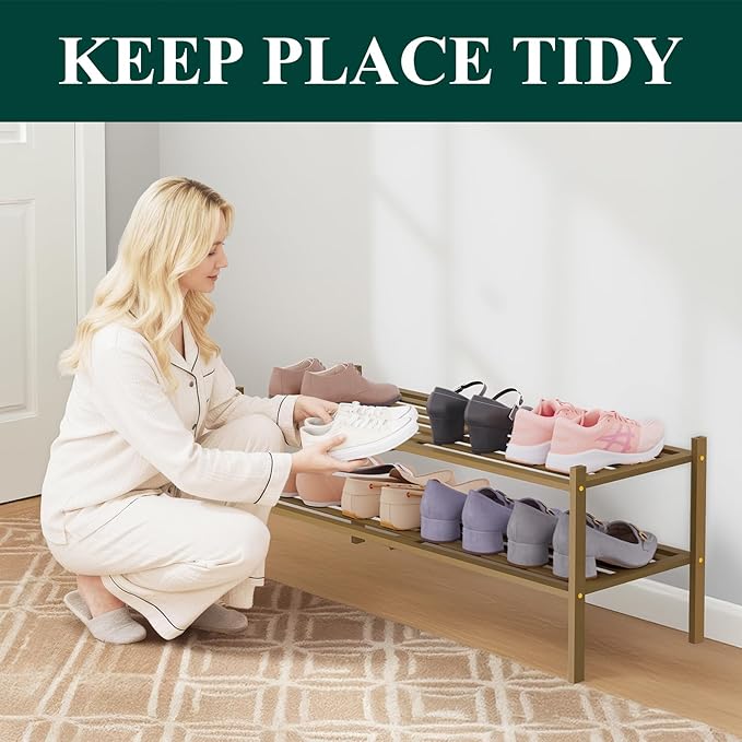 Smiry Long Bamboo Shoe Rack 2-Tier, Stackable Wooden Shoe Organizer for Entryway & Closet, Free Standing Wood Shoe Storage Shelf for Front Door & Small Spaces, Walnut