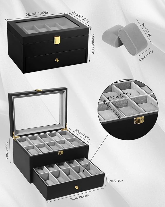 Uten 20 Wooden Watch Storage Box 2 Layers Organizer Collection Jewelry with Glass Lid