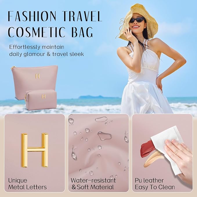Valentine's Day Gifts for Women Girlfriend Initial Makeup Bag for Teen Girls Personalized Gifts for Friend Teacher Mom Wife Cosmetic Travel Toiletry Bag(Pink,H)