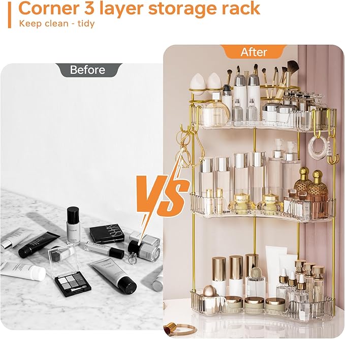 3-Tier Corner Bathroom Counter Organizer，Makeup & Skincare Shelf with Built-in Brush Holder，Space-Saving Bathroom Countertop Organizer for Skincare, Perfume, Cosmetics(Green)