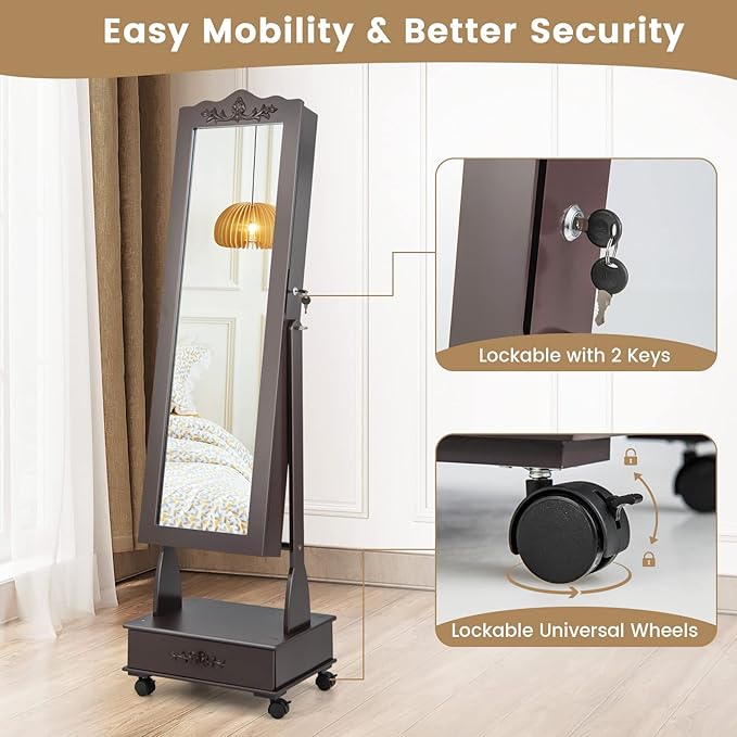 CHARMAID Rolling Jewelry Armoire with Full Length Mirror, Lockable Stand up Jewelry Cabinet with Lights and Wheels, Standing Jewelry Organizer with Drawers, Mirror with Jewelry Storage (Espresso)