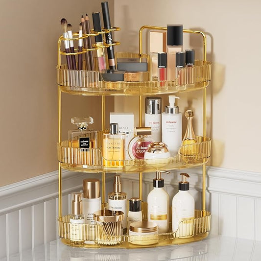 3-Tier Corner Bathroom Counter Organizer Makeup Cosmetic Storage, Tool-Free Installation Acrylic Vanity Shelf, Countertop Storage Organizers Perfume Tray for Bathroom, Dresser, Kitchen (Gold)