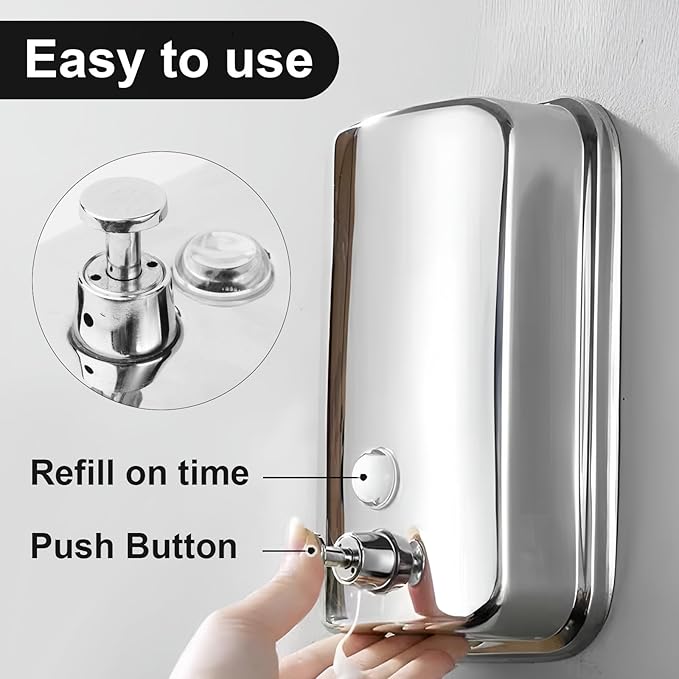 Heavy Duty Soap Dispenser Wall Mount Stainless Steel Soap Dispenser Manual Liquid Pump Rust-Proof Leak Free Pump for Commercial & Home Kitchen Bathroom (34 fl.oz./1000ml)